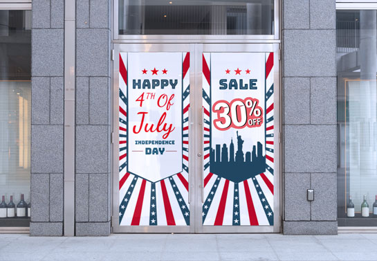 Holiday window decoration for 4th of July with the colors of flag
