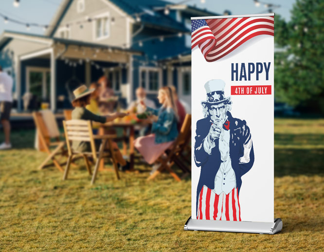 Happy 4th of July banner portraying Uncle Sam and a quote placed in the backyard