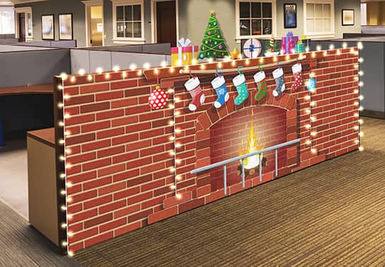 funny Christmas cubicle decorating idea with brick wall sticker