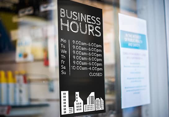 Business Hours window signage