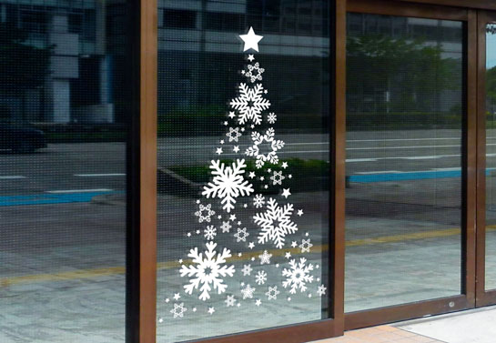 unique Christmas window decoration with white Christmas tree decal