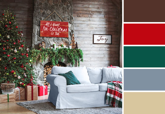 Christmas decorations color palette in the style of celebrity Christmas decorated homes