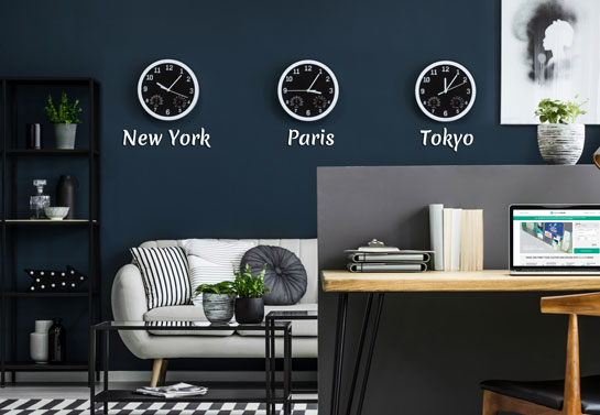 office wall decor with clocks in different time zones