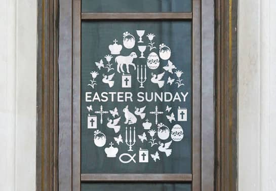 Easter church window decoration idea with holiday-themed elements