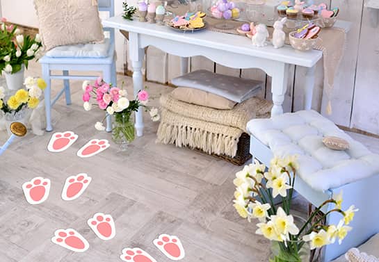 Easter-themed floor decoration idea with bunny footprints