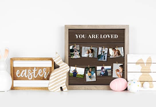 Easter wooden decoration idea with family photos displayed on the wall