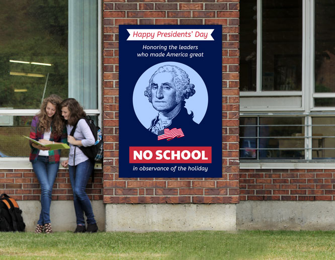 Closed for Presidents' Day sign with informative notes and George Washington’s portrait