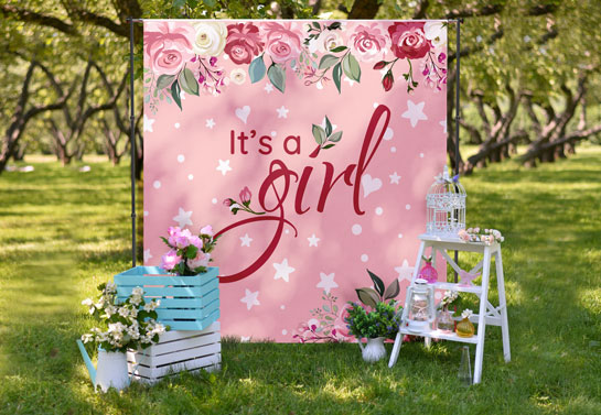 It's a Girl outdoor baby shower backdrop