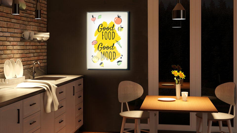 Backlit printing with a quote placed in a dimly lit kitchen.