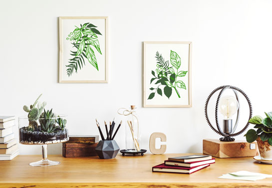 home office wall art with leaves prints
