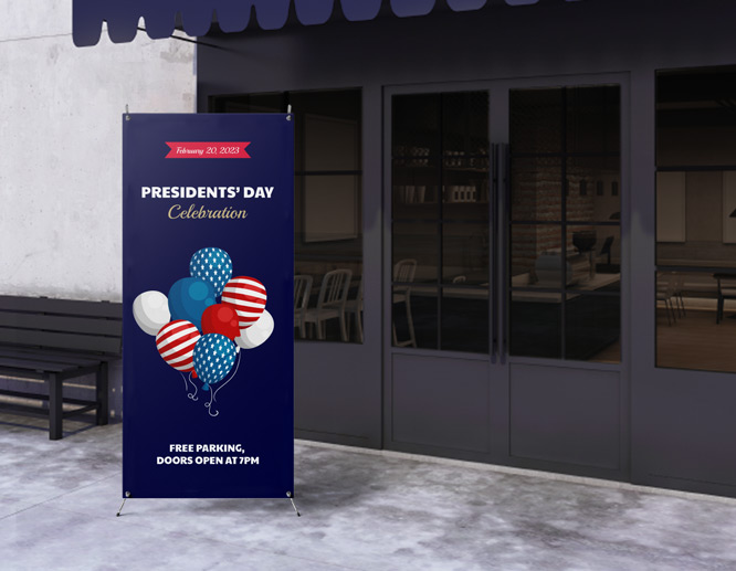 Presidents’ Day X-stand banner in navy blue illustrating balloons and an announcement