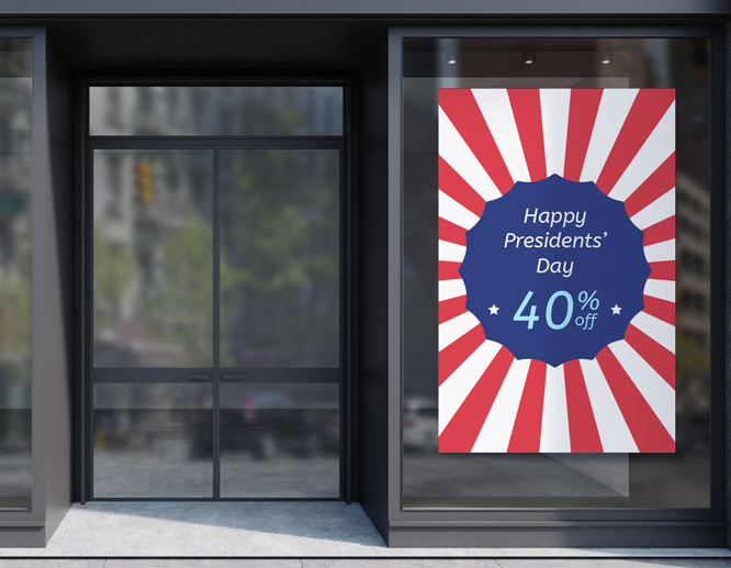 Striking Presidents' Day closed sign in American flag colors displaying the holiday sales