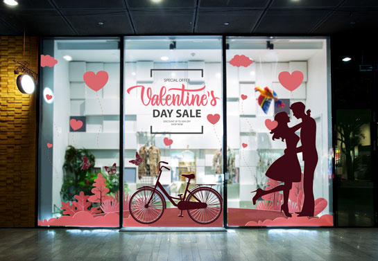 Valentine's Day Sale Holiday decorating idea for windows with a romantic couple print
