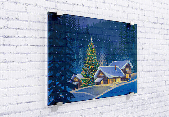 Office holiday decorating with winter scene print on wall