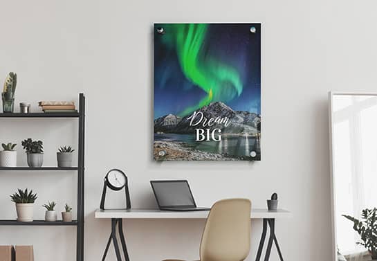 Sign portraying northern lights and the Dream Big words for an office wall decoration