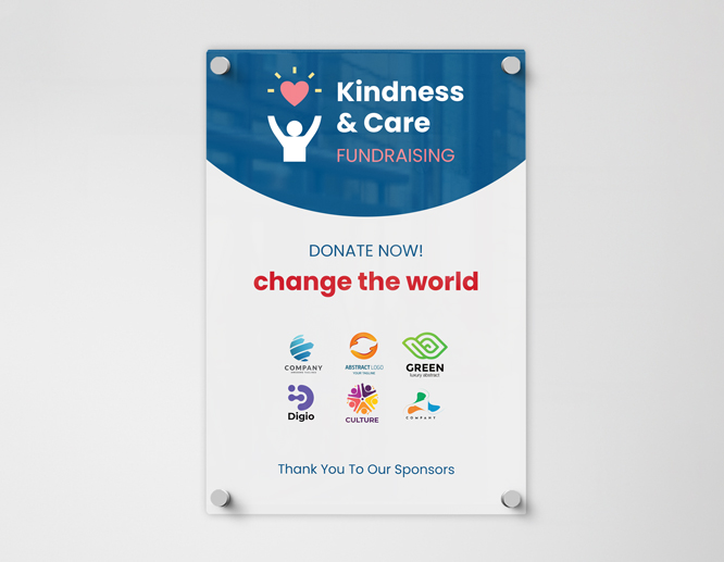 Fundraising acrylic plaque for Kindness and Care featuring several sponsors' logos