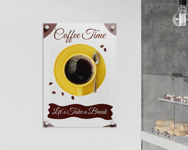 An acrylic sign reading Coffee Time with a yellow coffee cup image.