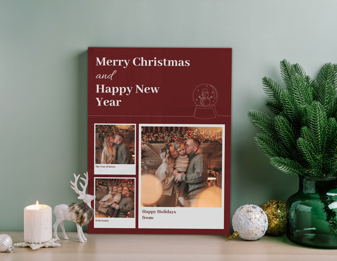 Red acrylic Christmas photo sign with family photos and 'Merry Christmas' text message.