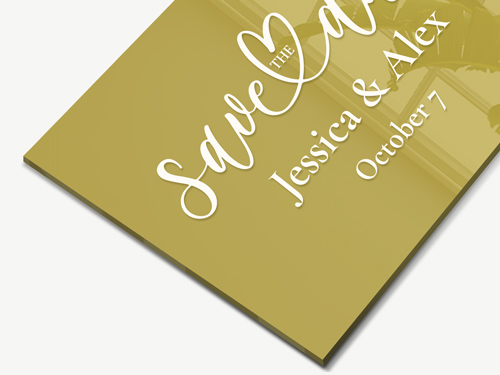 Gold acrylic invitation card for Jessica & Alex's wedding reading Save the Date, October 7