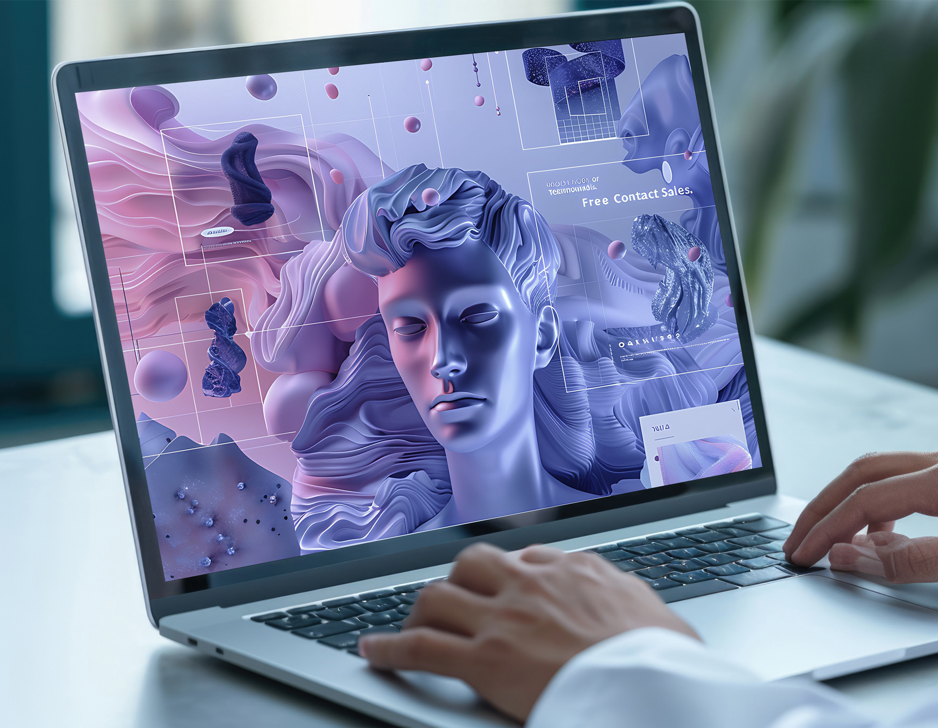 Laptop showing classical sculptures and 3D elements for AI-powered graphic design.