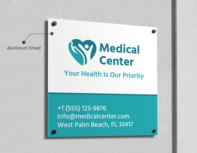 Medical Center aluminum sign featuring its logo and contact details.
