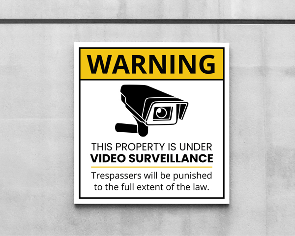 Aluminum warning sign with a video camera image.