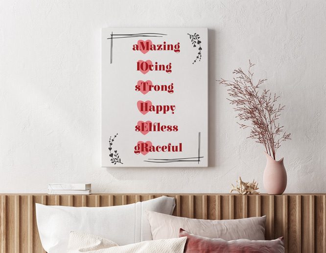 Cute Mother's Day sign with an anagram illustration leaning against the wall