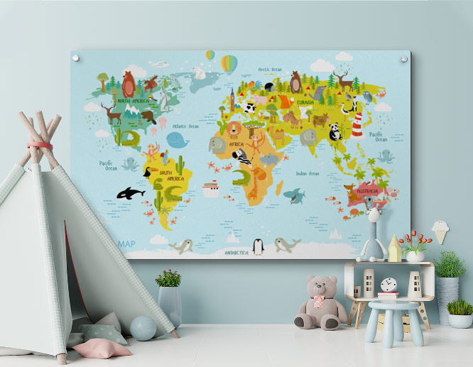 Colorful wall art design for the playroom with illustrative map of world animals