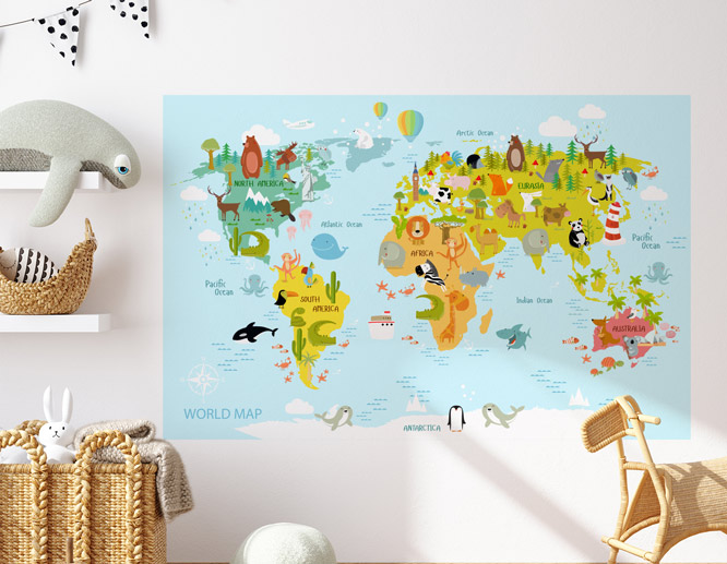 Animal world map nursery decal displayed on the wall