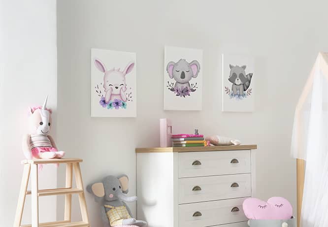 Children's room wall design idea with cute animal image prints