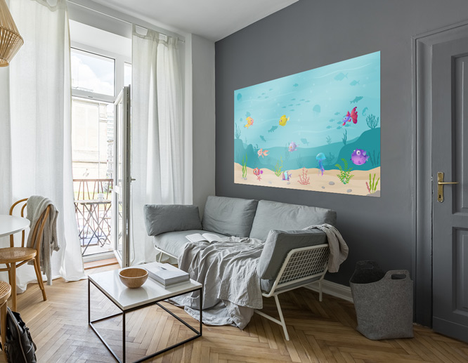 Living room vinyl wall art decal portraying an aquarium above a sofa