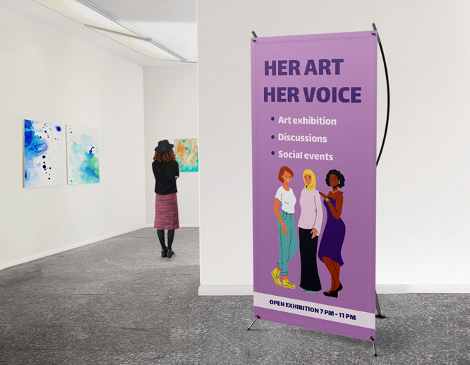 Large purple Women's Day poster advertising an art exhibition placed inside the gallery