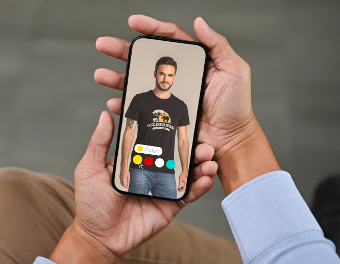Augmented reality app showing virtual t-shirt try-on for custom apparel shopping.