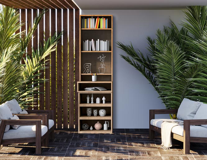 Back patio reading corner with large decorative trees around