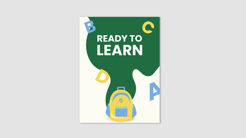 Green Ready to Learn back to school styrene sign with yellow backpack and ABCD letters.