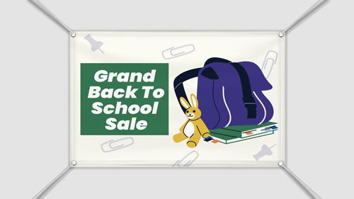 Grand back to school sale banner with purple backpack, notebooks, and yellow bunny.
