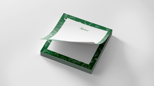 Custom green and white sticky notes.