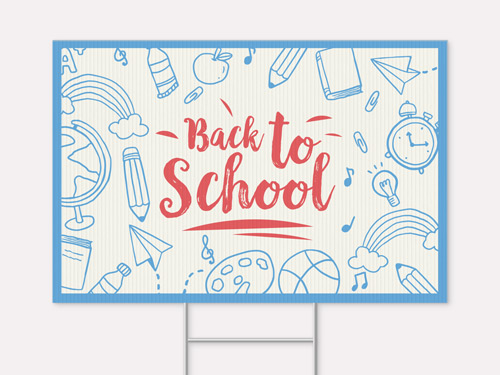 Clear back to school sign with educational doodle illustrations.