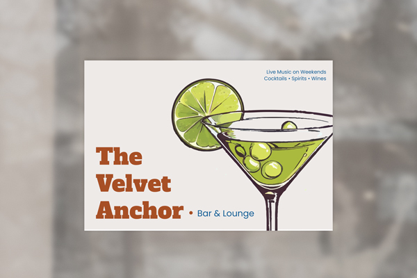 A green and white bar window decal showcasing the name and a general overview of the menu.