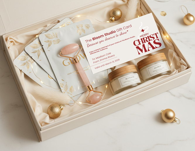 A membership beauty box for Christmas with beauty products and a gift card inside