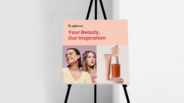 A foam board sign showcasing a line of cosmetics placed on an easel.