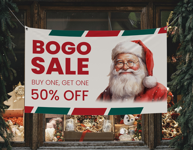 A big Christmas vinyl banner displays a smiling Santa and 50% seasonal sales