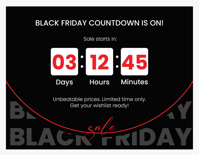 Black Friday countdown timer graphic showing sale starting in three days with limited-time offer notice.