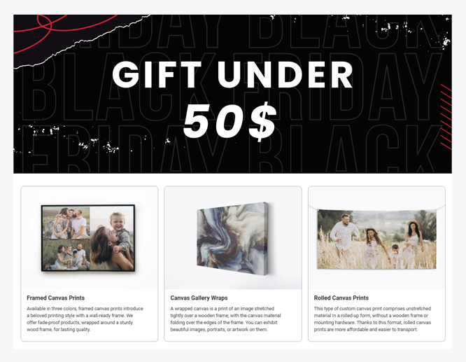 Black Friday gift guide showcasing custom canvas prints and photo gifts under 50 dollars.