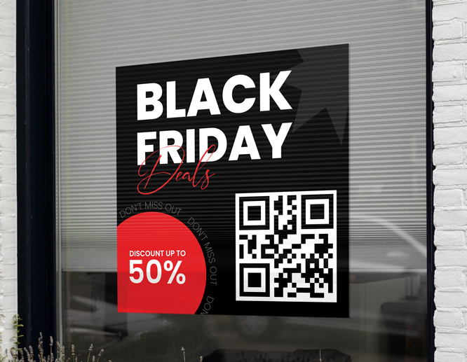 Black Friday deals storefront sign with QR code and red tag showing up to 50% discount