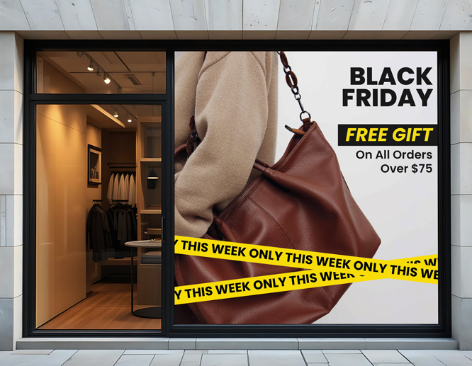 Black Friday window decal promoting free gift on orders over $75 for retail store display.