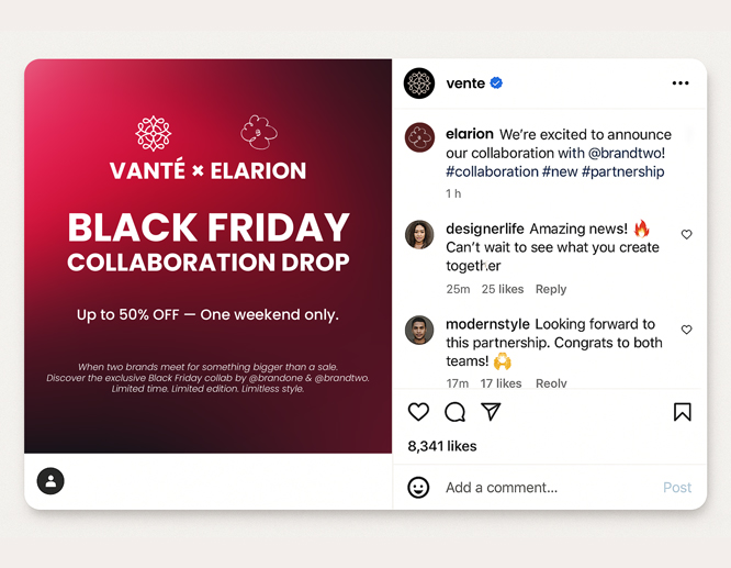Black Friday collaboration announcement post for Vanté and Elarion with 50% off weekend sale on Instagram.