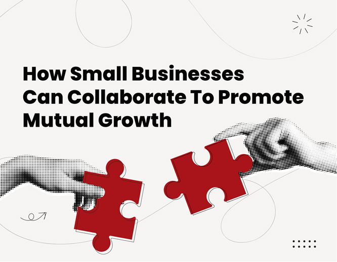 Illustration showing two hands connecting red puzzle pieces symbolizing small business collaboration for mutual growth.