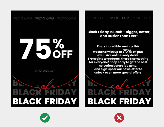 An image comparing good and bad black friday sign designs.