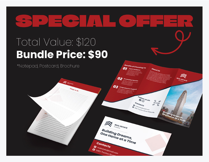 Special offer graphic showing discounted notepad, postcard, and brochure bundle with bundle price $90.